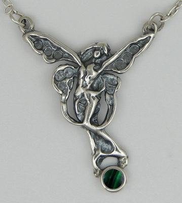 Sterling Silver Victorian Winged Fairy Necklace With Malachite